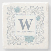 青エレガント灰色フローラモノグラムの ストーンコースター (正面)