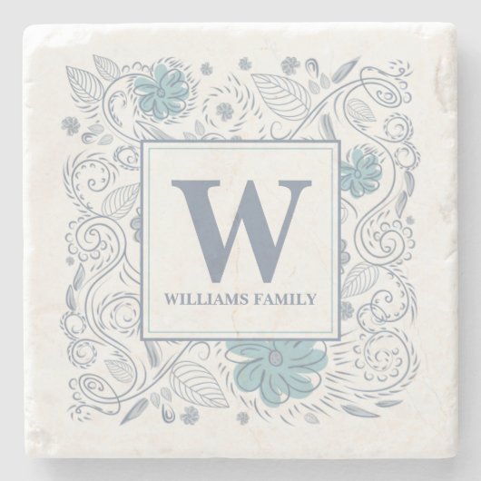 青エレガント灰色フローラモノグラムの ストーンコースター (正面)