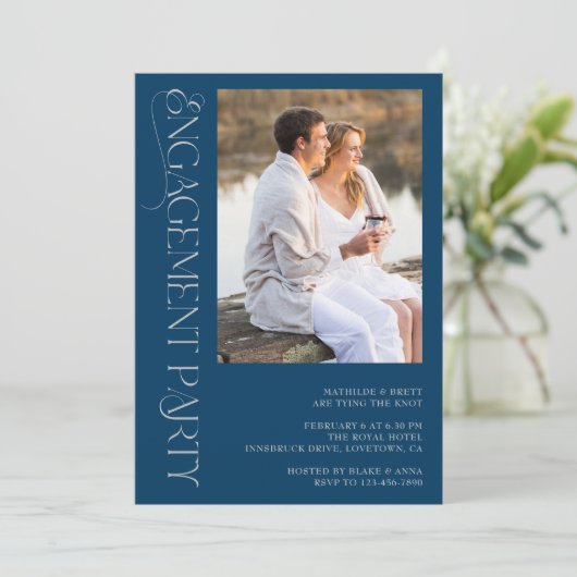 青エレガント灰色2フォト婚約パーティ 招待状 (スタンド正面)