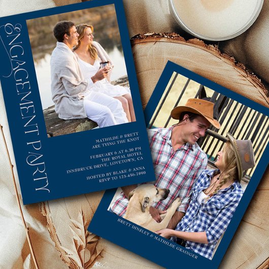 青エレガント灰色2フォト婚約パーティ 招待状