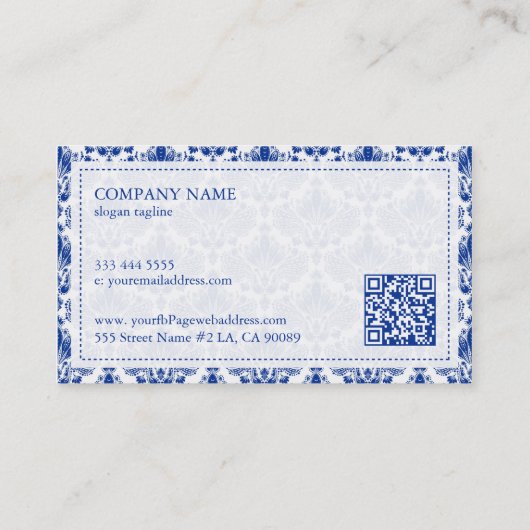 青エレガント王室のと白のダマスクのパターン 名刺 (裏面)