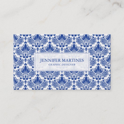 青エレガント王室のと白のダマスクのパターン 名刺 (正面)