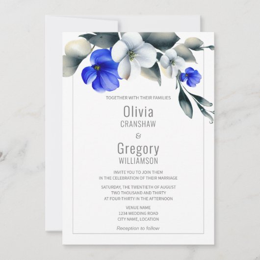 青エレガント王室のと白のフローラ 招待状 (正面)