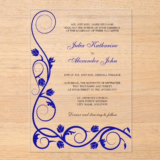 青エレガント王室のと白の渦巻き アクリル招待状 (正面)