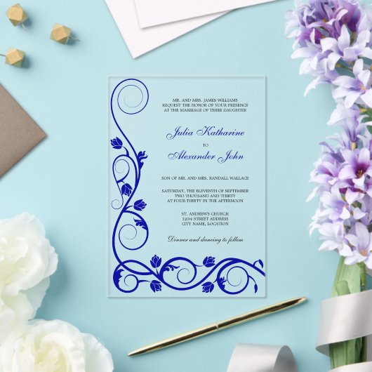 青エレガント王室のと白の渦巻き アクリル招待状 (インサイチュ (ウェディング))