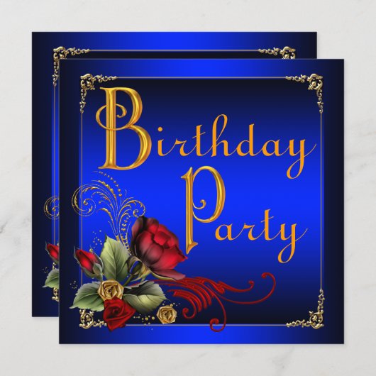 青エレガント王室のと赤のバラの誕生日パーティー 招待状 (正面/裏面)