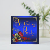 青エレガント王室のと赤のバラの誕生日パーティー 招待状 (スタンド正面)