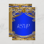 青エレガント王室のと金ゴールドのウェディングRSVP 出欠カード (正面/裏面)