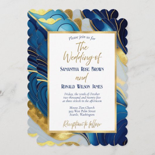 青エレガント王室のと金ゴールドの結婚式招待状 招待状 (正面/裏面)