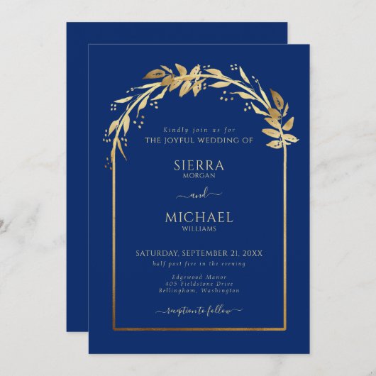 青エレガント王室のと金ゴールドの結婚葉のアーチ 招待状 (正面/裏面)