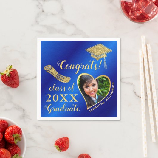 青エレガント王室のと金ゴールド写真2025卒業 スタンダードカクテルナプキン (インサイチュ)