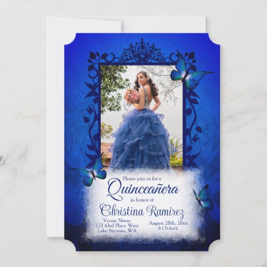 青エレガント王室のキンセアニェラ写真華美枠 招待状 (正面)