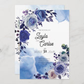 青エレガント王室のバラファンシーQRコード結婚s 招待状 (正面/裏面)