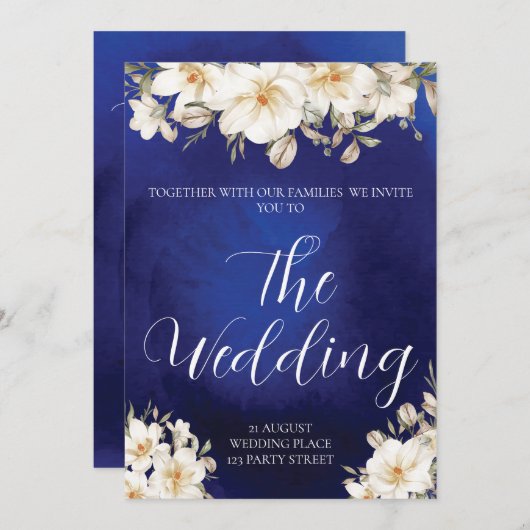 青エレガント王室のバラファンシーQRコード結婚s 招待状 (正面/裏面)