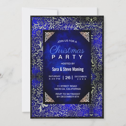 青エレガント王室のフローラフェイク銀 招待状 (正面)