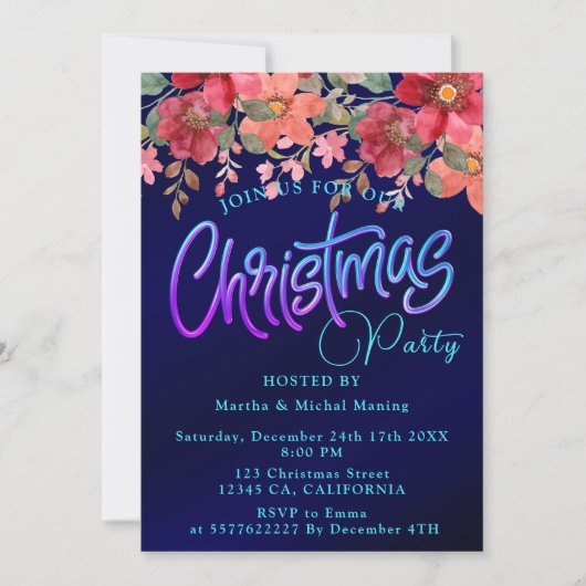 青エレガント王室のフローラフェイク銀 招待状 (正面)