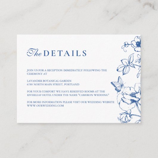 青エレガント王室のフローラ庭園の結婚式詳細 エンクロージャーカード (正面)