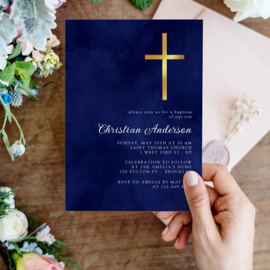 青エレガント王室の水色洗礼ボーイ 招待状