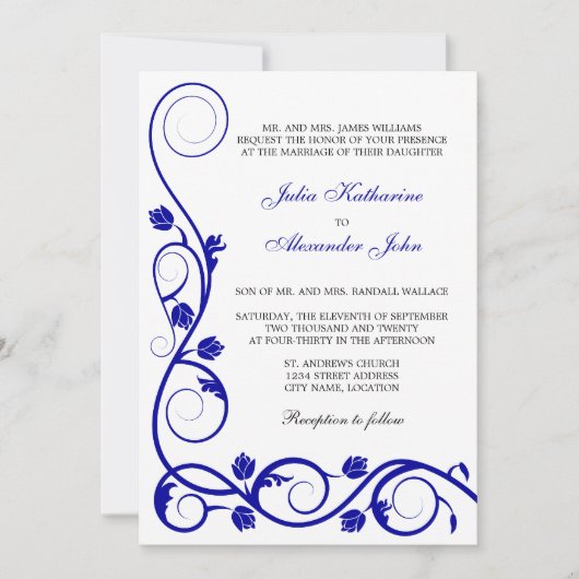 青エレガント王室の渦巻き 招待状 (正面)