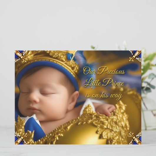 青エレガント王室の王子の男の子のシャワー金ゴールド 招待状 (スタンド正面)