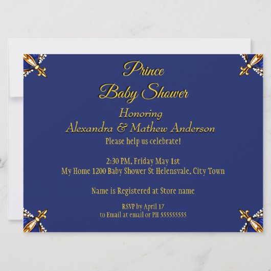 青エレガント王室の王子の男の子のシャワー金ゴールド 招待状 (裏面)