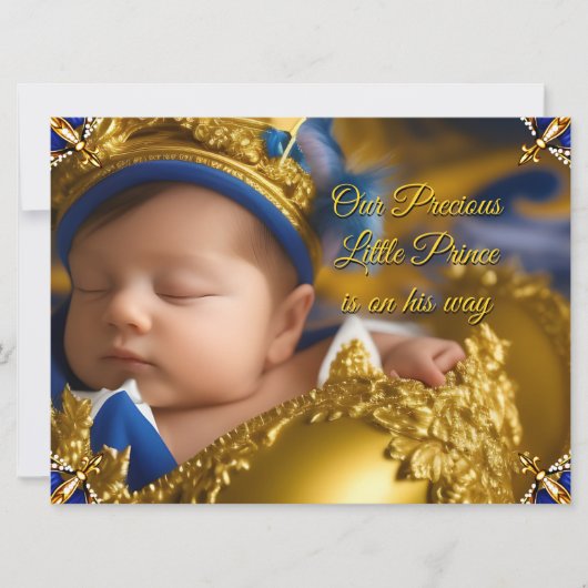 青エレガント王室の王子の男の子のシャワー金ゴールド 招待状 (正面)
