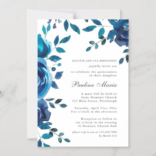 青エレガント王室の白フローラキンセアニラ マグネット招待状 (正面)