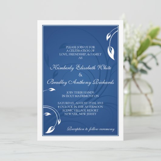 青エレガント王室の白フローラ結婚式招待状 招待状 (スタンド正面)