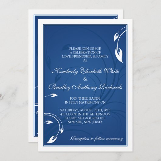 青エレガント王室の白フローラ結婚式招待状 招待状 (正面/裏面)