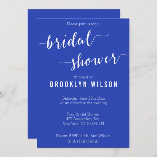 青エレガント王室の白ブライダルシャワー招待状 招待状 (正面/裏面)