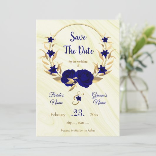 青エレガント王室の金ゴールドフローラリース セーブザデート (スタンド正面)