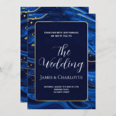 青エレガント王室の金ゴールドレースQRコード結婚 招待状 (正面/裏面)