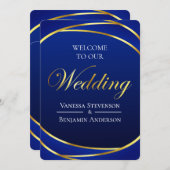 青エレガント王室の金ゴールドレースQRコード結婚 招待状 (正面/裏面)