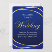 青エレガント王室の金ゴールドレースQRコード結婚 招待状 (正面)