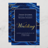 青エレガント王室の金ゴールドレースQRコード結婚 招待状 (正面/裏面)