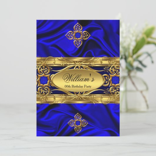 青エレガント王室の金ゴールド宝石シルクバースデーパーティー2 招待状 (スタンド正面)