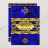 青エレガント王室の金ゴールド宝石シルクバースデーパーティー2 招待状 (正面/裏面)
