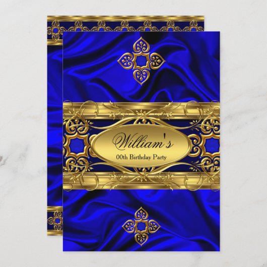 青エレガント王室の金ゴールド宝石シルクバースデーパーティー2 招待状 (正面/裏面)