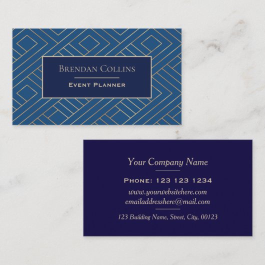 青エレガント王室の金ゴールド抽象芸術幾何学模様 名刺 (正面/裏面)