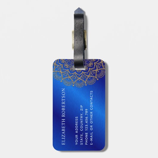 青エレガント王室の金ゴールド曼荼羅モノグラムの ラゲッジタグ (裏面縦)
