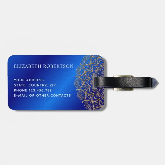 青エレガント王室の金ゴールド曼荼羅モノグラムの ラゲッジタグ (裏面横)