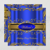 青エレガント王室の金ゴールド誕生日パーティフローラ3 招待状 (正面/裏面)