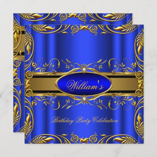 青エレガント王室の金ゴールド誕生日パーティフローラ3 招待状 (正面/裏面)