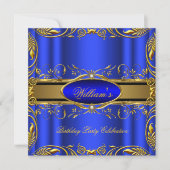 青エレガント王室の金ゴールド誕生日パーティフローラ3 招待状 (正面)