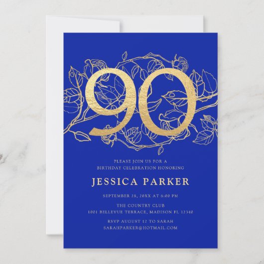 青エレガント王室の金ゴールド90誕生日 招待状 (正面)