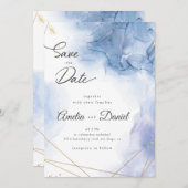 青エレガント瑪瑙の結婚式の日付を保存 招待状 (正面/裏面)