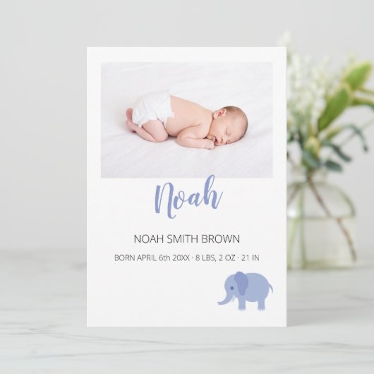 青エレガント男の赤ちゃん写真誕生 案内状 (スタンド正面)