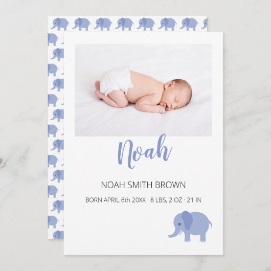 青エレガント男の赤ちゃん写真誕生 案内状 (正面/裏面)