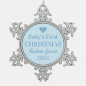 青エレガント男の赤ちゃん初めてのクリスマス スノーフレークピューターオーナメント (正面)