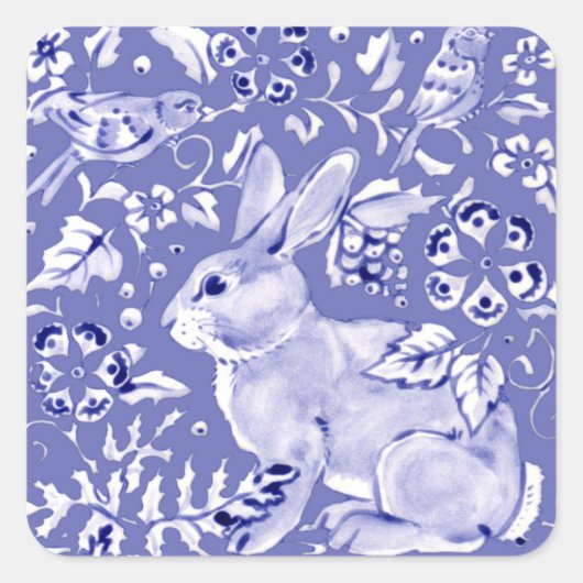 青エレガント白うさぎ鳥フローラタイルアジア スクエアシール (正面)